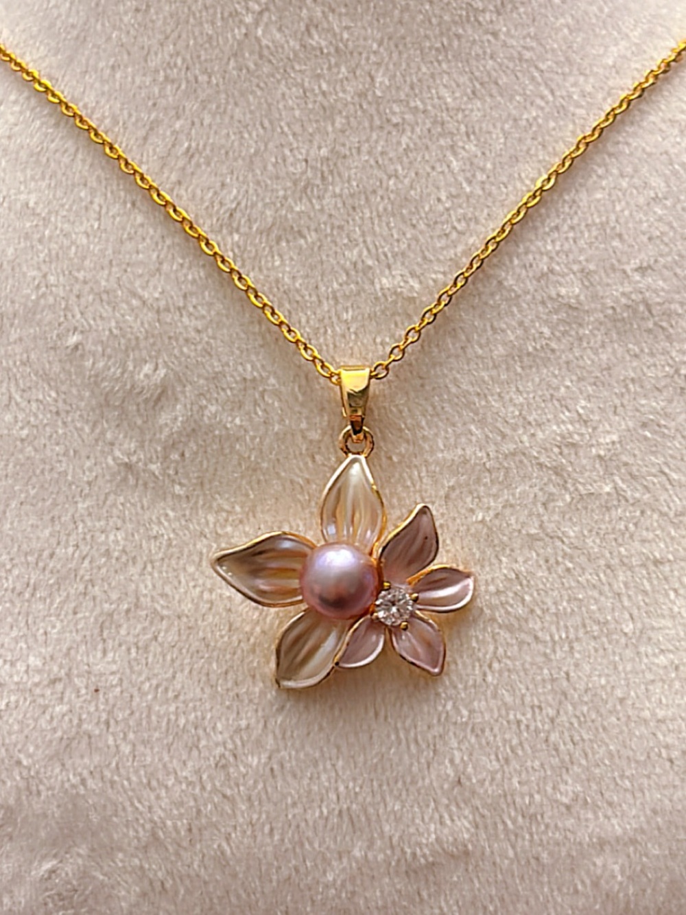 Gold Plated Lily/Lotus Floral Pearl Pendant Necklace - Women Jewelry - Enamel